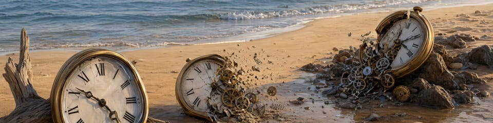 Часы, распадающиеся на шестерёнки на морском берегу